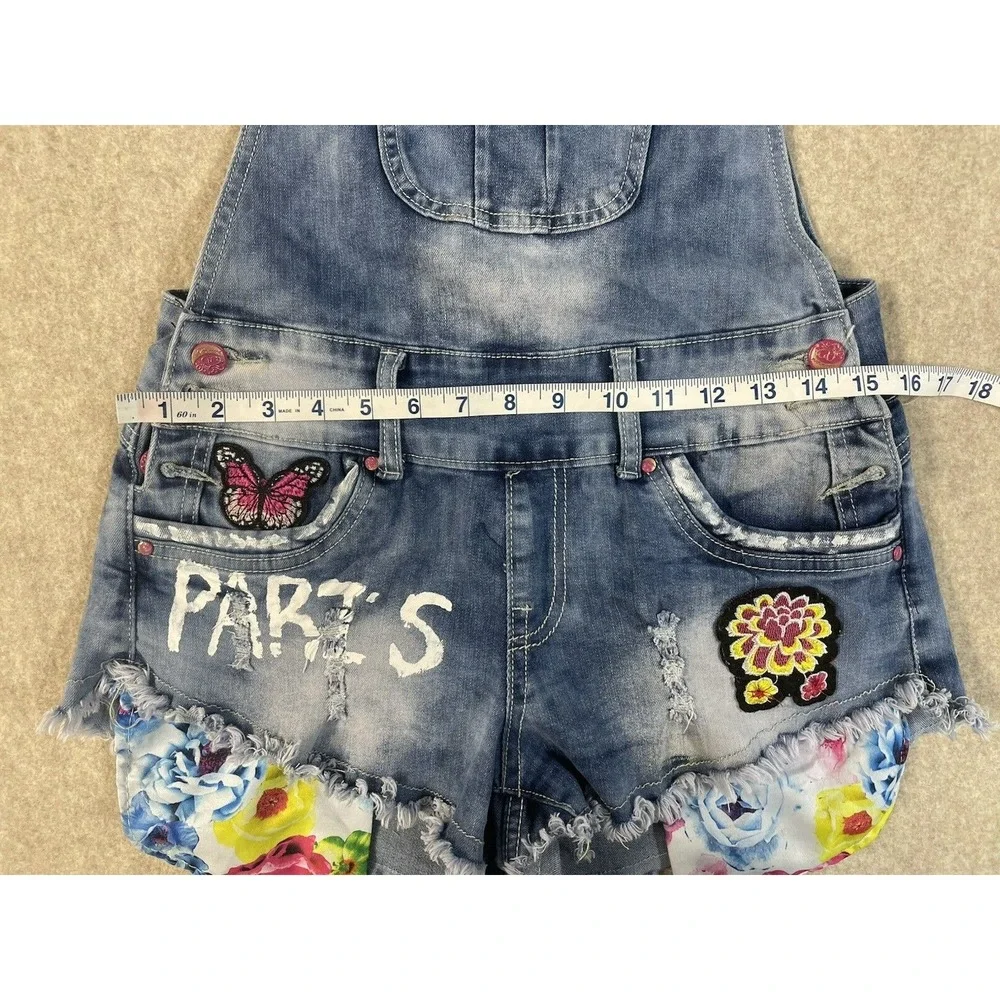 Denim Jean Girls ShortAlls Artsey Vibrant Patches Distressed Hem Painted Paris M